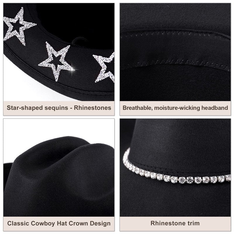 Black-Star Wide Brim Cowboy Hat with Rhinestone Glitter Band – Unisex Western Rodeo Hat for Men Women, Outdoor & Party Wear