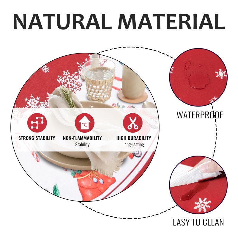 Christmas Tablecloth - 60 Inch Round Red, Machine Washable Polyester