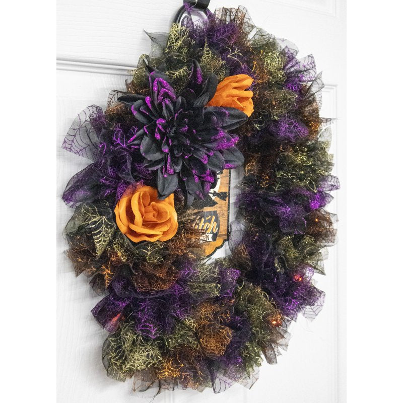 Halloween Wreath - Handcrafted Decor with Lights - The Witch is In - 17 Inch