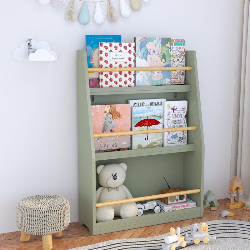 Kids 3-Tier Bookcase with Wood Rails - Children's Bookshelf