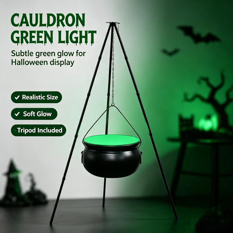 Halloween Outdoor Witch Cauldron with Tripod & Timer Lights - Black 51.1" x 7.87" - Spooky Yard Decor