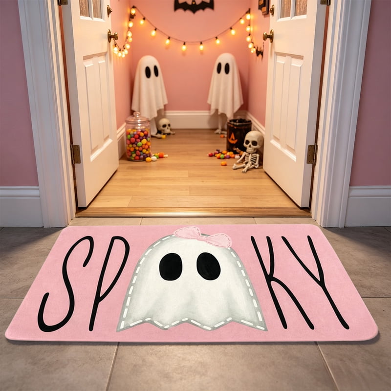 Pink Ghost Halloween Doormat - Cute Rubber Backing Indoor Outdoor Entryway - Variation O