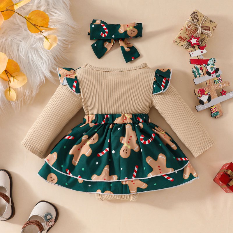 Green Baby Girl Christmas Outfit Set - Long Sleeve Romper & Suspender Dress, 6-9 Months