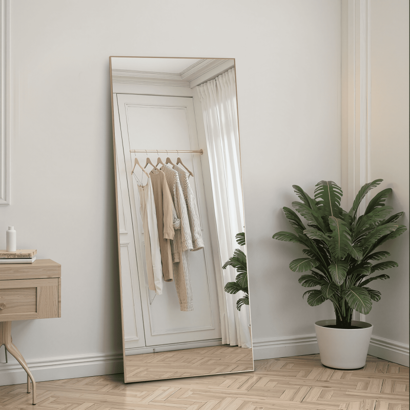64-Inch Full Length Floor Mirror - Gold Aluminum Frame, Standing & Bracket