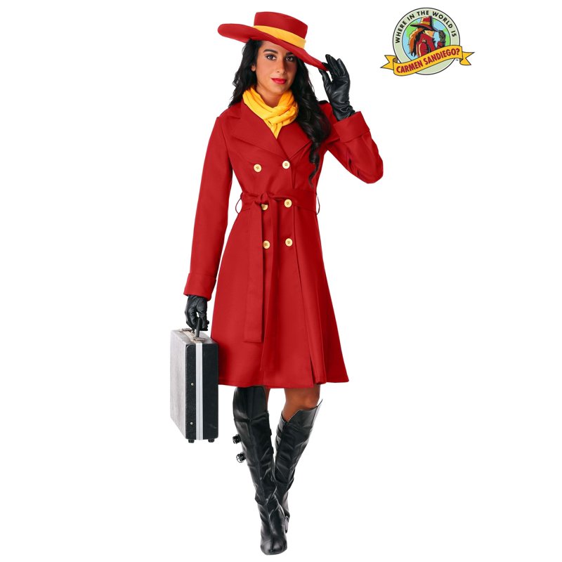Women's Carmen Sandiego Costume L - Red Trench Coat & Fedora Set