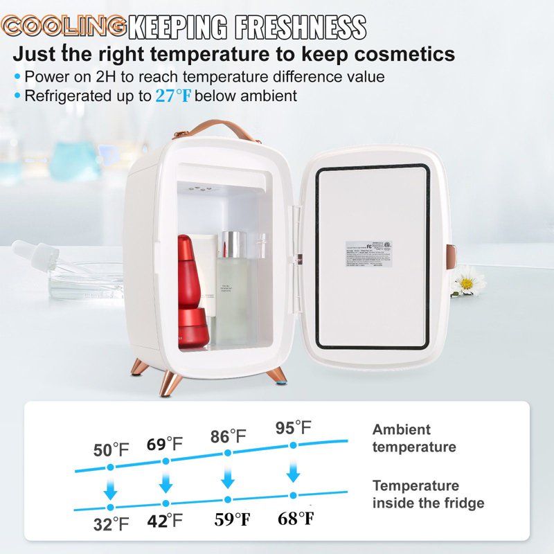 6L Mini Fridge with HD Makeup Mirror & LED Lights - Quiet Portable Cooler