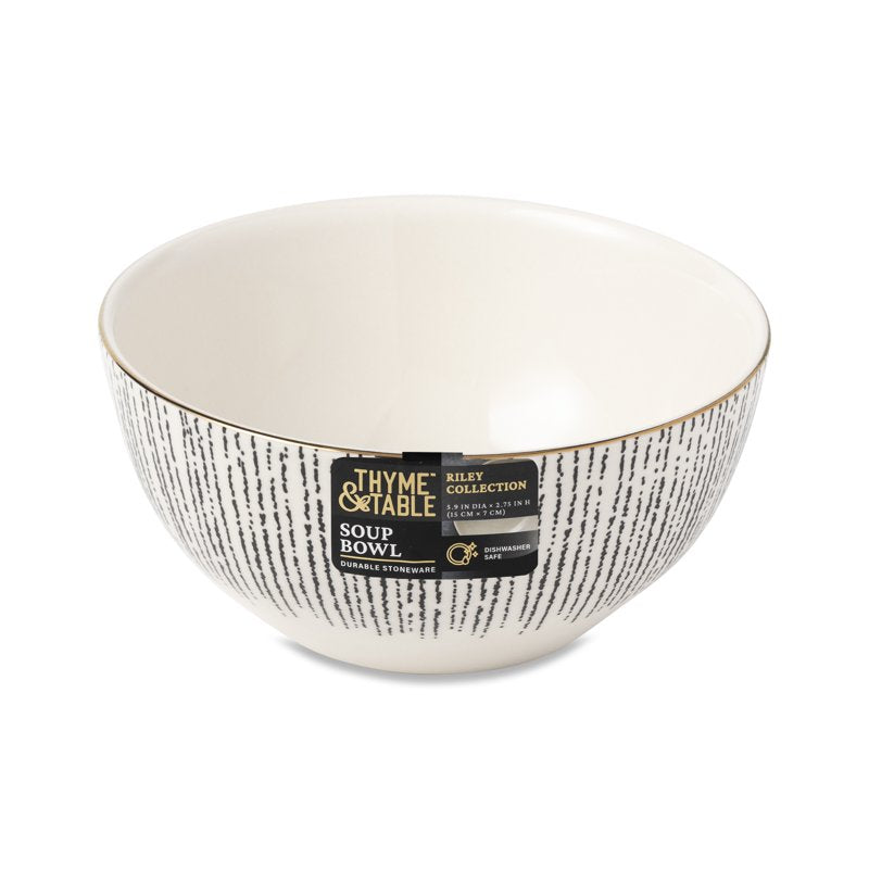 Ceramic Serving Bowl with Gold Rim - Modern Linear Design - Single