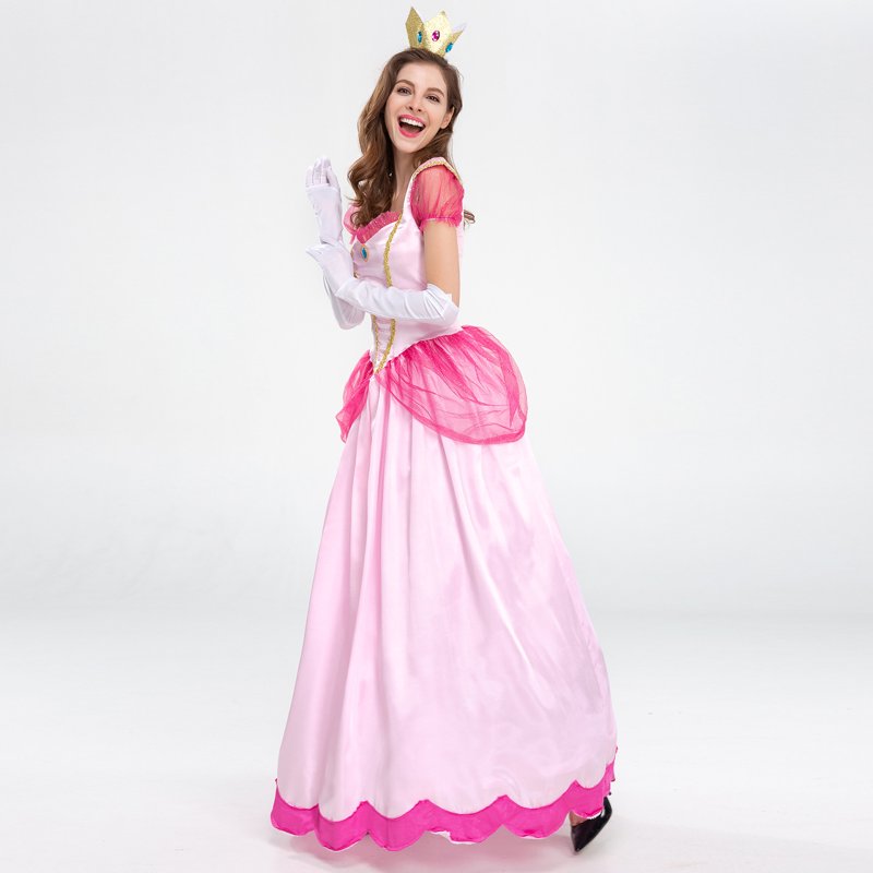 Princess Peach Dress for Adults with Crown & Gloves - Pink, Large