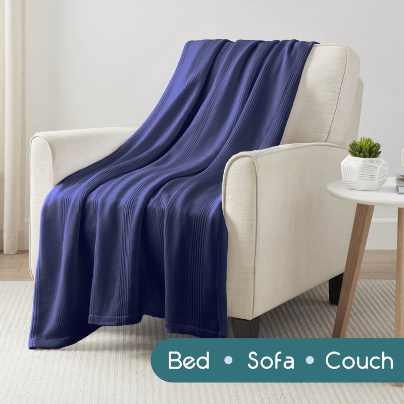 King Size Navy Cotton Knit Blanket - All-Season Breathable Bed Cover