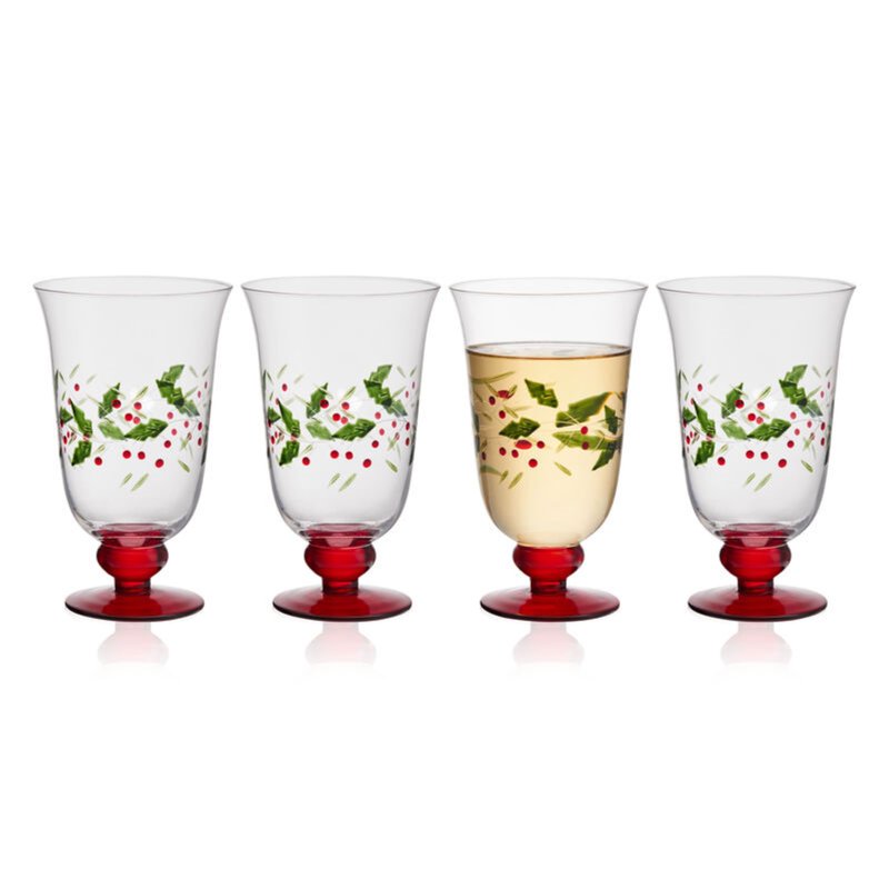 Winterberry Water Goblet - 14 oz Clear Glass with Green & Red Accents