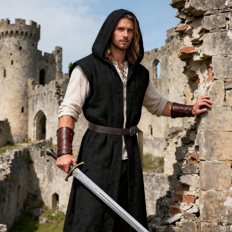 Men's Hooded Sleeveless Medieval Tunic Costume with Belt - Black, S