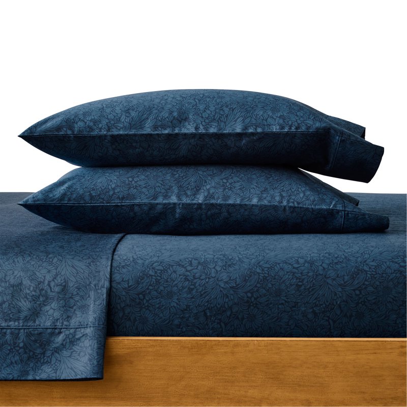 Queen Cotton Sateen Bed Sheet Set with Flexi-Fit - Otaki Floral Blue Cove