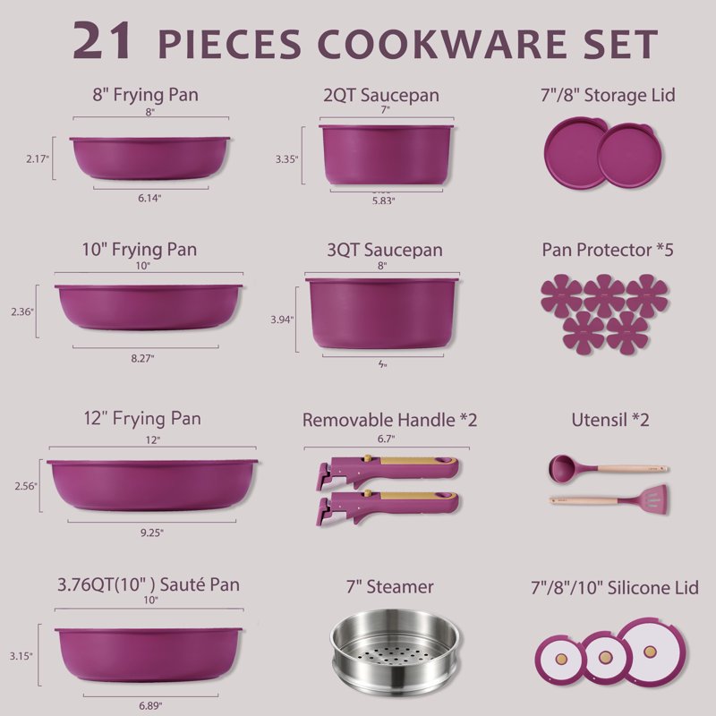 21-Piece Nonstick Cookware Set with Detachable Handle - Purple