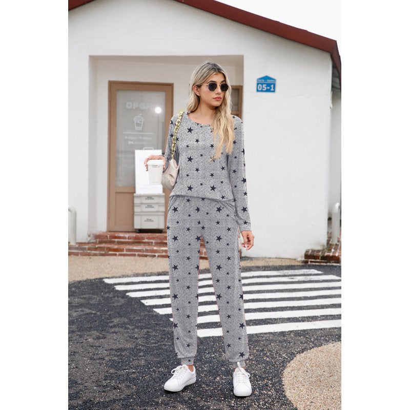 MINTREUS Women's Long Sleeve Pajama Set with Pockets - Black Star Gray, M
