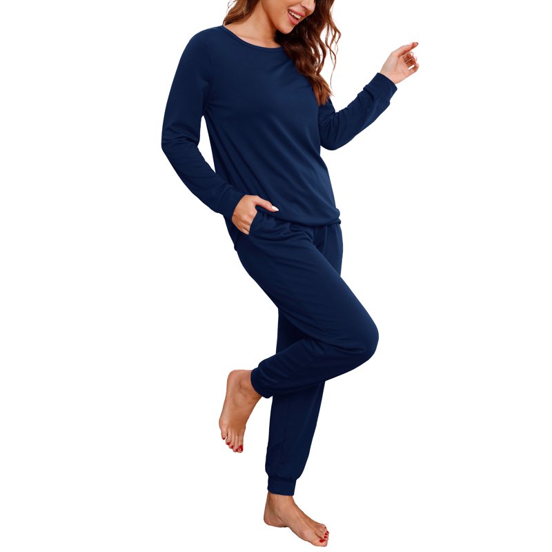 Women's Pajama Set Long Sleeve Sleepwear Lounge Sets with Pockets - Navy Blue S