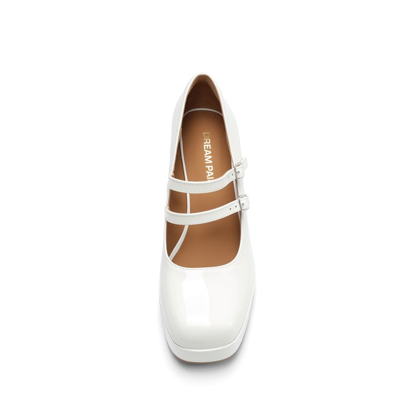 White Women's Y2K Double Strap Platform Mary Jane Heels with Square Toe and Chunky Block Heel - Size 6