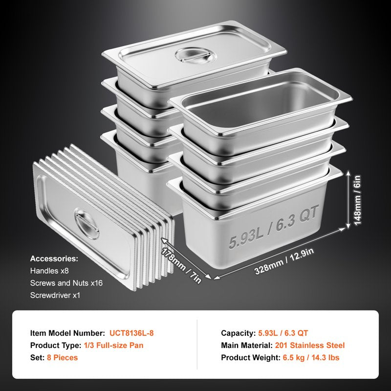 Stainless Steel Steam Pan Set - 8 Pans, 1/3 Size, 6-Inch Depth