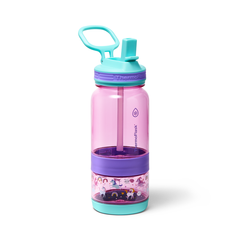 14 oz Snack and Sip Bottle with Snack Cup - Pink Unicorns