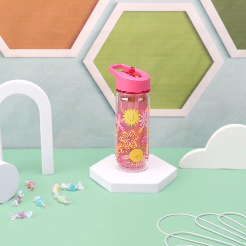 14 oz Insulated Plastic Water Bottle with Lid & Straw - 2 Pack, Pink Flower