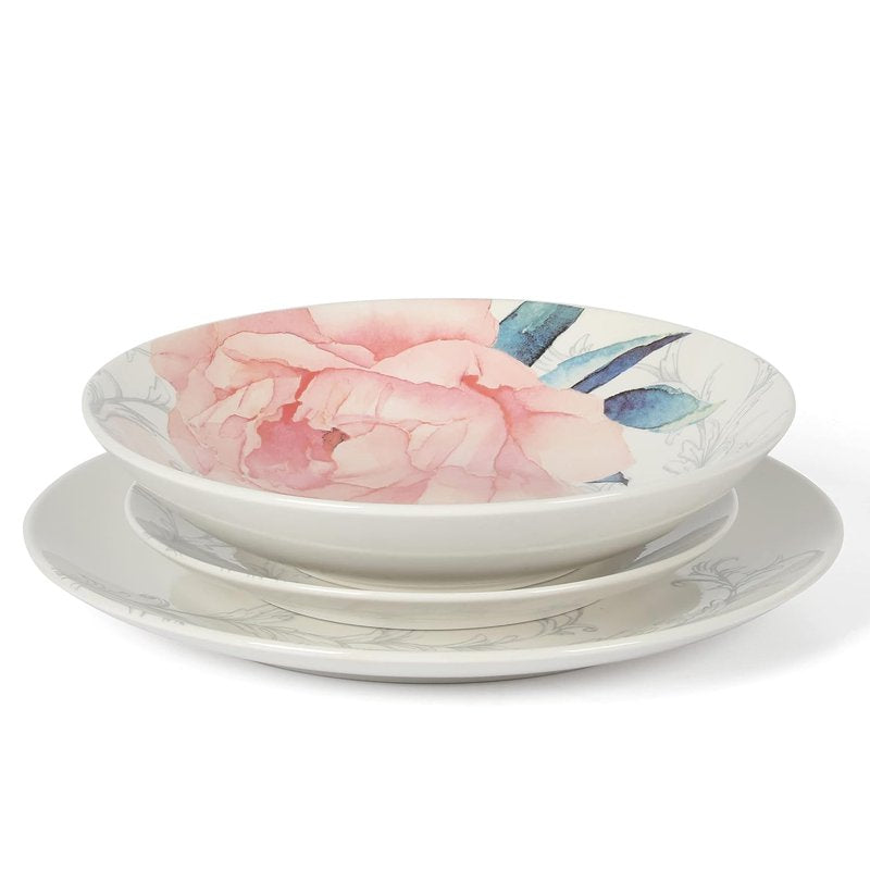 Peony 12-Piece Round Fine Ceramic Dinnerware Set - White & Pink