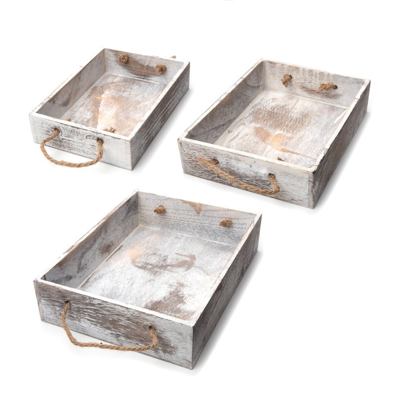 Rustic Wooden White Wash Nested Tray Set - 3 Pack