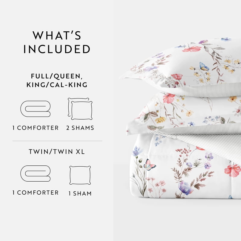 Twin Down Alternative Meadow Floral Stripe Pink Reversible Comforter Set - White Floral