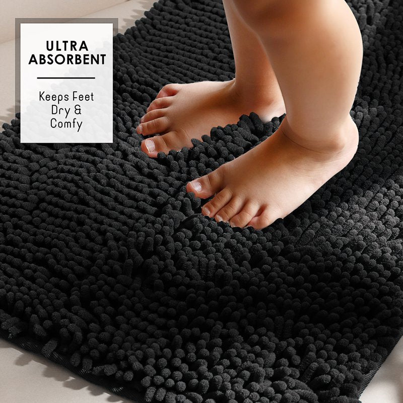 Non Slip Chenille Bathroom Rug - 26x44 Black Ombre Bath Mat, Ultra Absorbent
