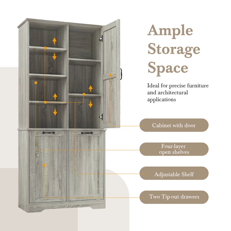 Oak Tall Storage Cabinet with 2 Tilt-Out Laundry Baskets - Freestanding Organizer
