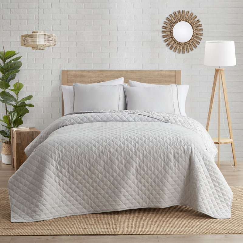 Twin Reversible Bohemian Quilt Set with Abstract Floral Pattern - Grey & White