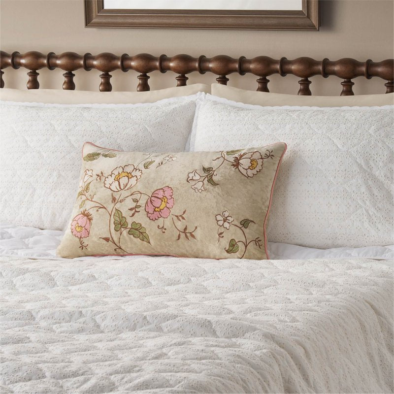 Velvet Lumbar Pillow with Embroidered Floral Design - Beige 14x24 Inches