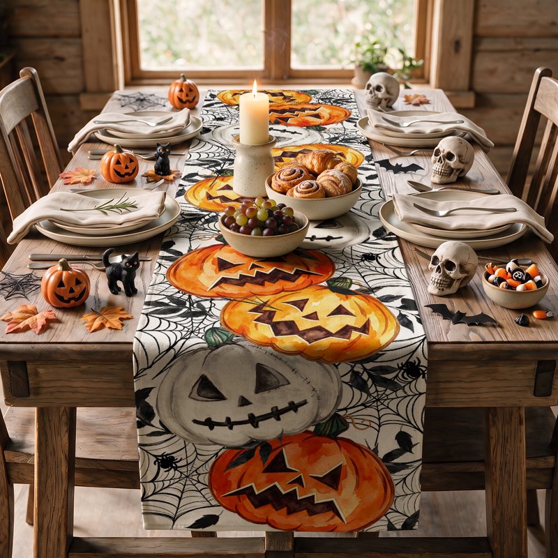 Halloween Table Runner 13 x 36 Inch Ghost Jack O Lantern Spiders - Beige