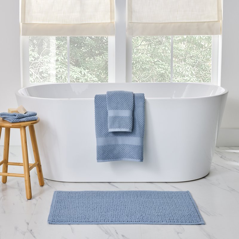 Soft Looped Bath Mat - Blue Silver, 20 x 34 Inches - Non-Slip Bathroom Rug