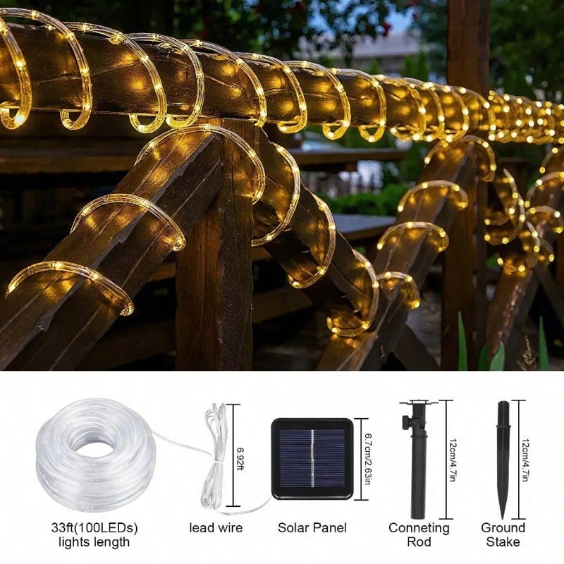 Solar Rope Lights 66ft 200 LED Waterproof Outdoor String Lights - Multicolor Warm Color, 8 Modes