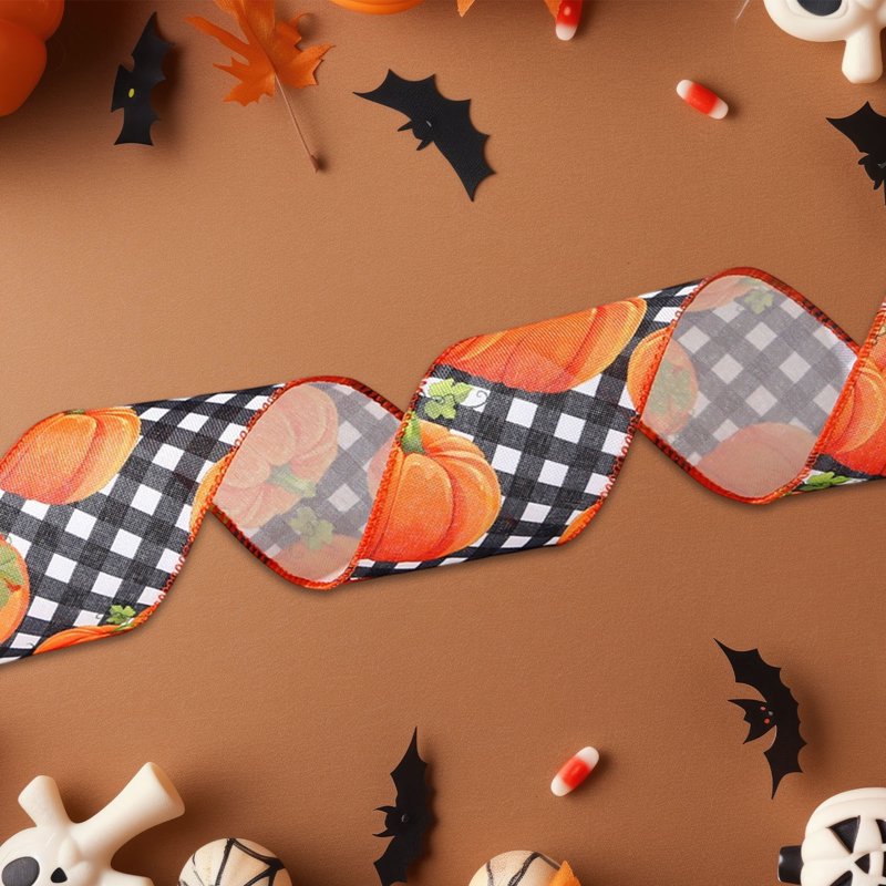 Fall Wired Edge Ribbon for Wreaths & Garlands - Pumpkin & Maple Leaf Design - Decor_K