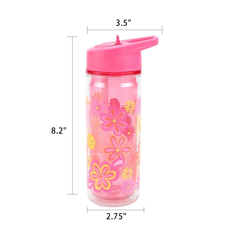 14 oz Insulated Plastic Water Bottle with Lid & Straw - 2 Pack, Pink Flower
