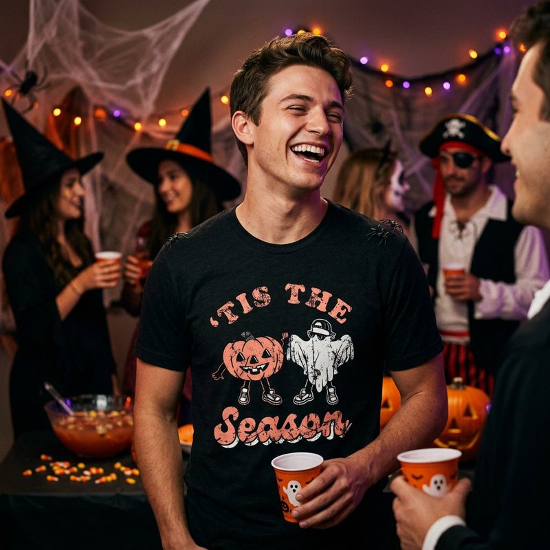 Mens Halloween Funny Spooky T-Shirt - XL Black Graphic Tee for Guys