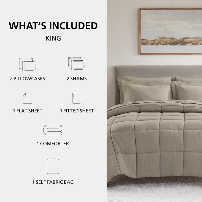 King Reversible Down Alternative Comforter & Sheet Set - Stone, 7 Piece
