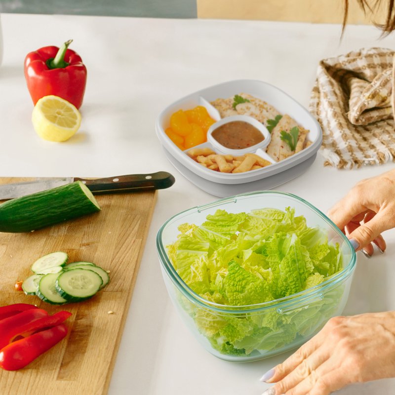 Leak-Proof Salad Container - 61-oz Glass Bowl with Fork - White
