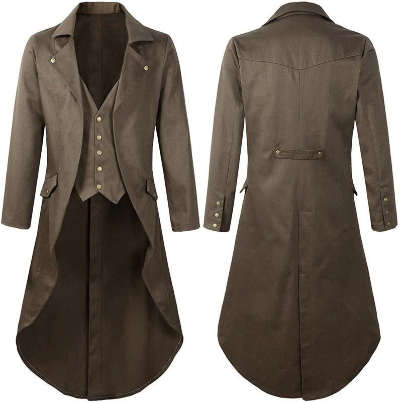 Men's Victorian Gothic Tailcoat Jacket - XXL Steampunk Costume, Layered Vest Look