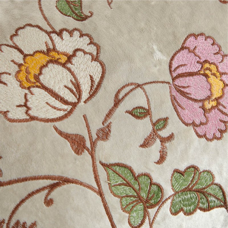 Velvet Lumbar Pillow with Embroidered Floral Design - Beige 14x24 Inches