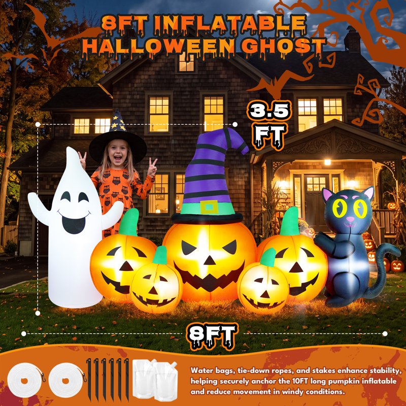 Halloween Inflatable Pumpkin with Ghost and Black Cat - 8FT Family Decor - Variation of 5 Pumpkins