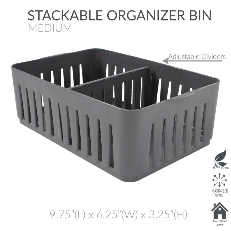 Stackable Plastic Storage Basket with Adjustable Dividers - Grey