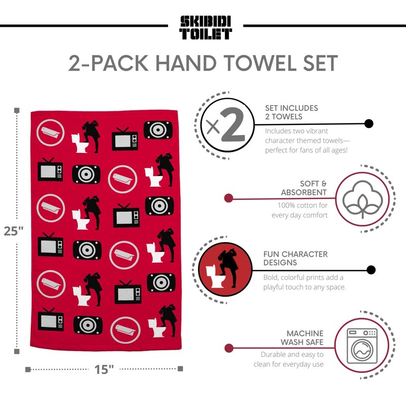 Skibidi Toilet 2-Pack Hand Towels - Fun Meme-Inspired Cotton Towels for Bathroom, Kitchen, Travel