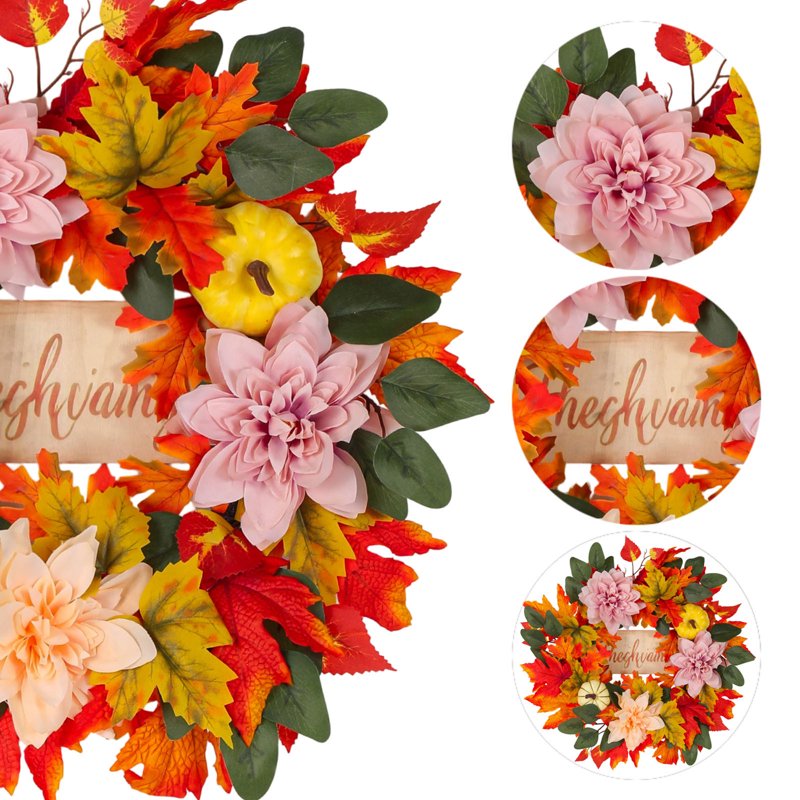 Thanksgiving Artificial Wreath with Pumpkins & Maple Leaves - Fall Decor J