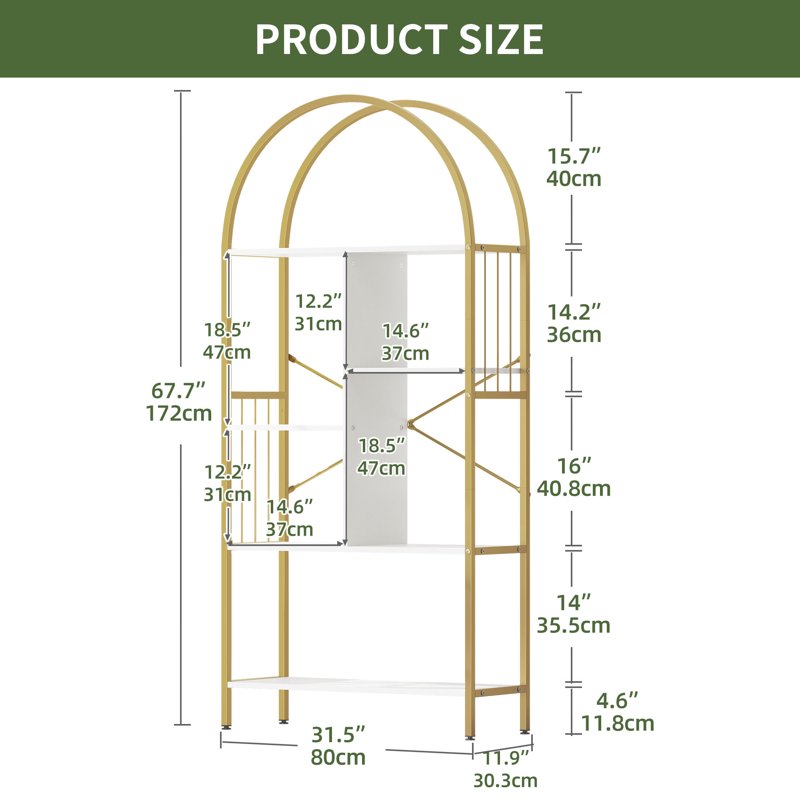 Gold Arched Bookshelf - 5 Tier Modern Bookcase Organizer