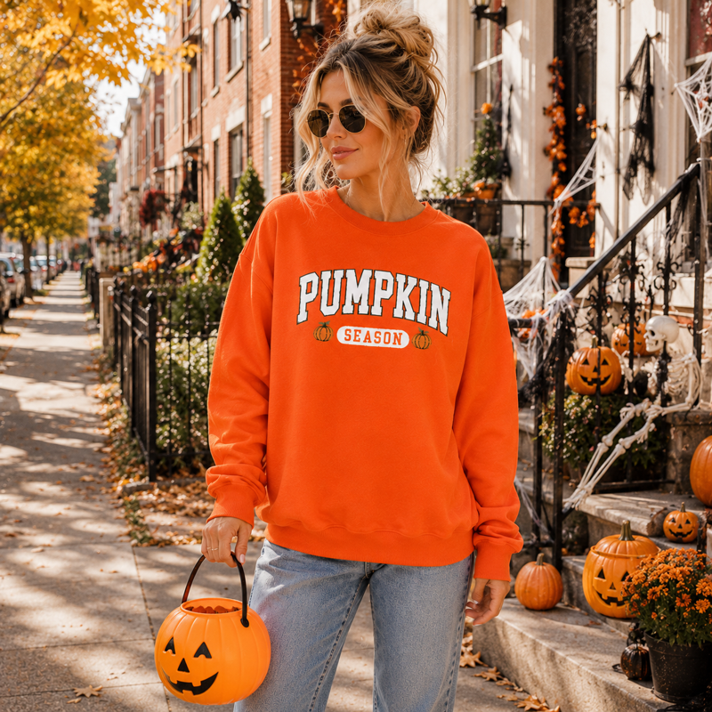 Women’s Pumpkin Season Sweatshirt Orange M Fall Halloween Thanksgiving Crewneck