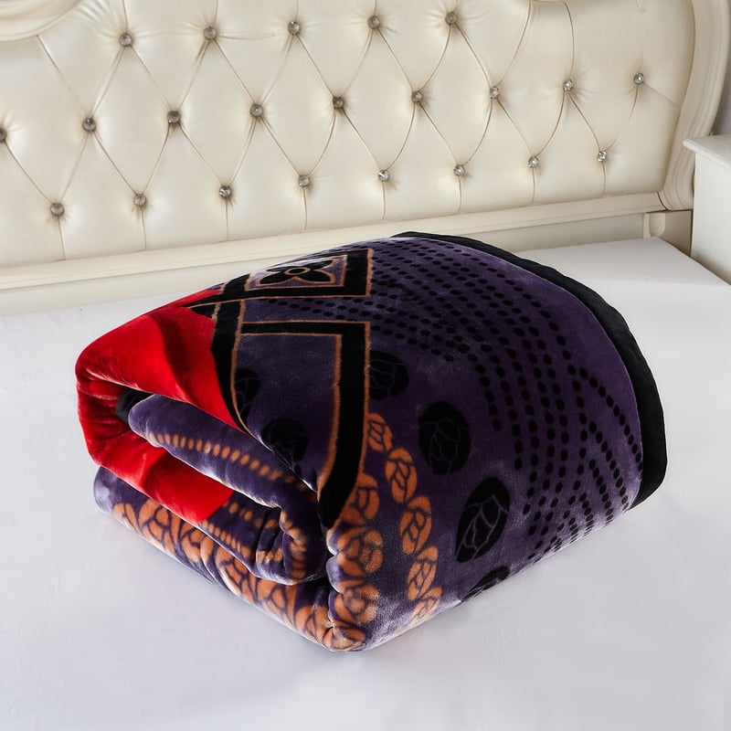 King Size Plush Blanket - Thick 2-Ply Warm Bed Cover with Floral Design - Black Purple-Red, 85x93 inches