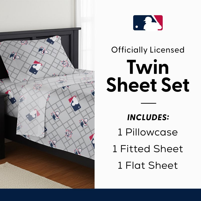 MLB Multi Team Strikeout Twin Sheet Set - All-Over Logo Print, Breathable Fabric, 3-Piece Bedding