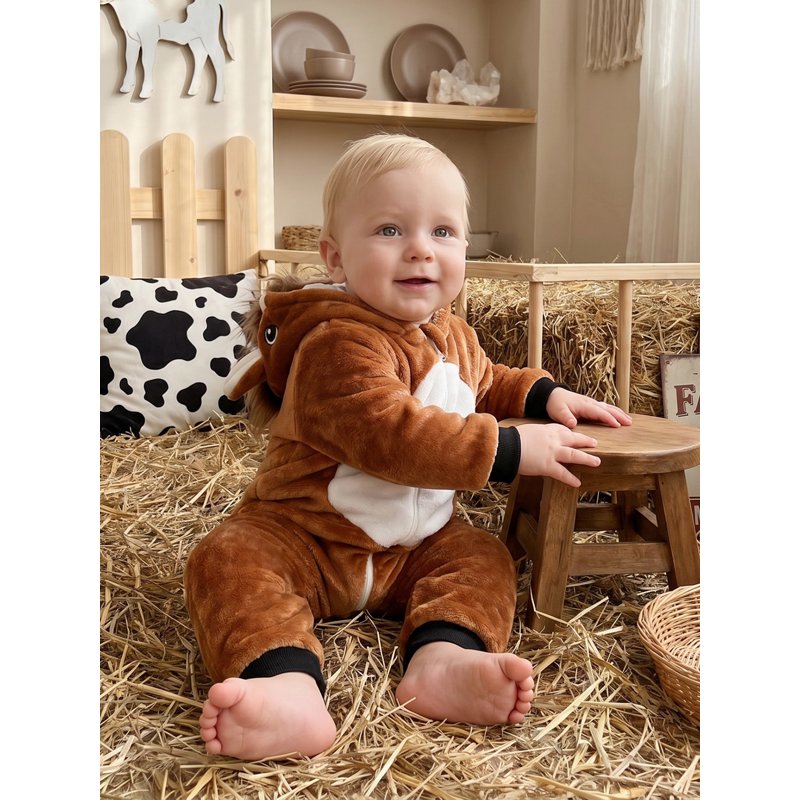 Toddler Baby Horse Costume for 6-12 Months Brown Plush Jumpsuit Halloween Outfit