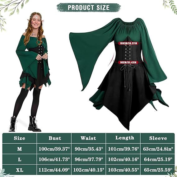 Women Elf Costume Set with Medieval Dress, Elf Ears, Crown & Stockings - Size L